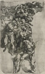 Gruppe aus Michelangelos Jüngstem Gericht, graviert von Domenico del Barbiere, 1540-50